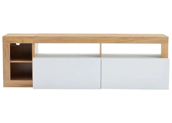 0 Mueble TV moderno efecto madera y blanco 2 puertas batientes con iluminación LED 184*42*58cm