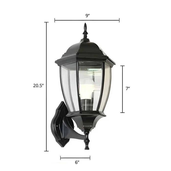 1 Bombilla Luz de Pared de Metal Estilo Clásico Lámpara de Pared de Farol para Pasillo – 220 A 240 V Negro 22,86 cm Vidrio transparente