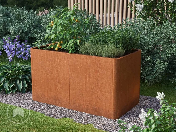 146 x 80 x 60 cm Huerto urbano, acero corten, aspecto óxido, con base perforada