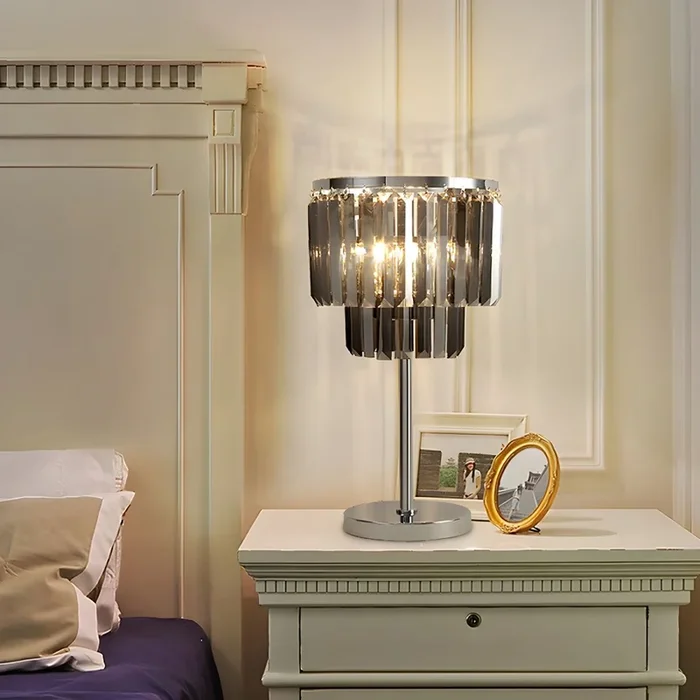 2-Luz Iluminación de Mesa Decorativa Moderna con Pantalla Cristalina LED Lámpara de Mesita Gris-Ahumado para Estudio – 220 A 240 V Gris Humo