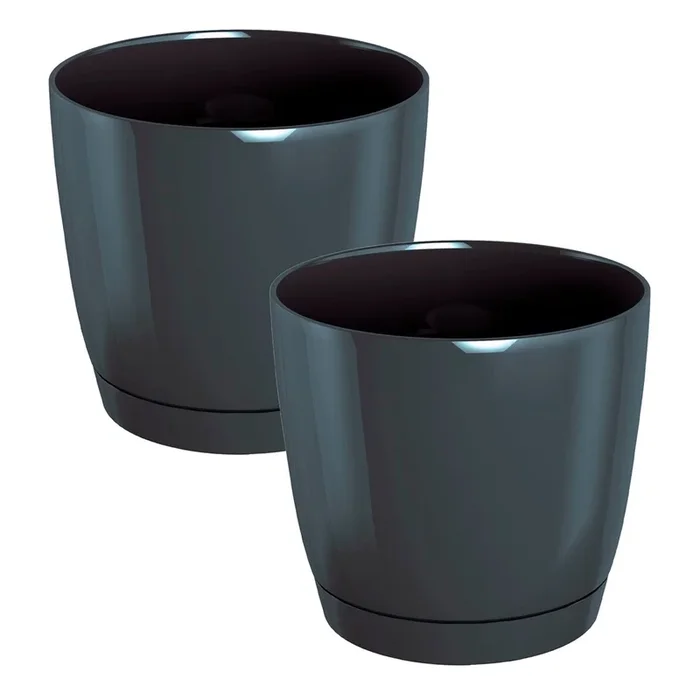 2x Maceta redonda de plastico Coubi Round P en color grafito 13,5 (largo) x 13,5 (ancho) x 12,4 (altura) cm