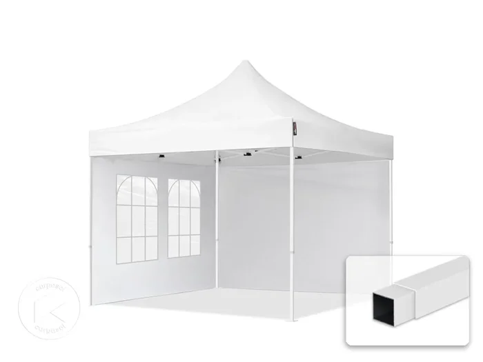 3×3 m Carpa plegable, ECONOMY acero 30mm, 2 laterales incl. con ventanas rectangulares, blanco
