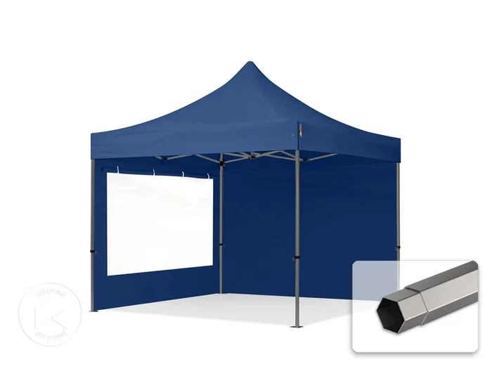 3×3 m Carpa plegable, PREMIUM acero 40mm, 2 laterales incl. con ventanas panorámicas, azul oscuro
