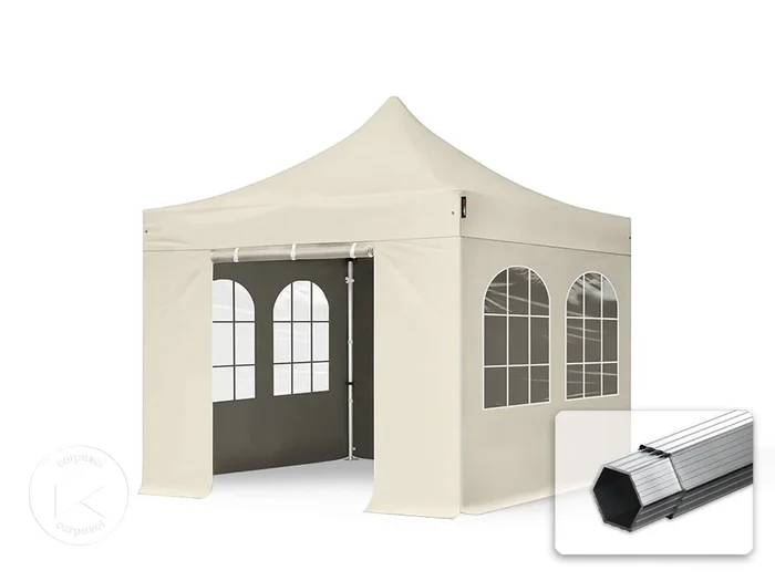 3×3 m Carpa plegable, PROFESSIONAL aluminio 40mm, 4 laterales incl. con ventanas de arco, crema