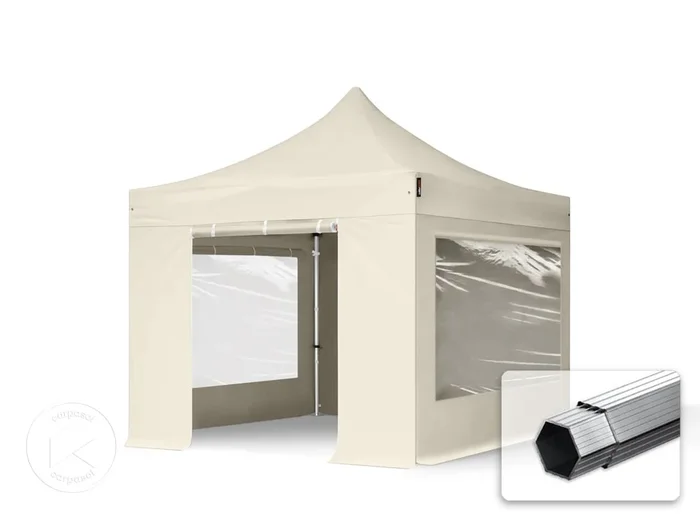 3×3 m Carpa plegable, PROFESSIONAL aluminio 40mm, 4 laterales incl. con ventanas panorámicas, crema