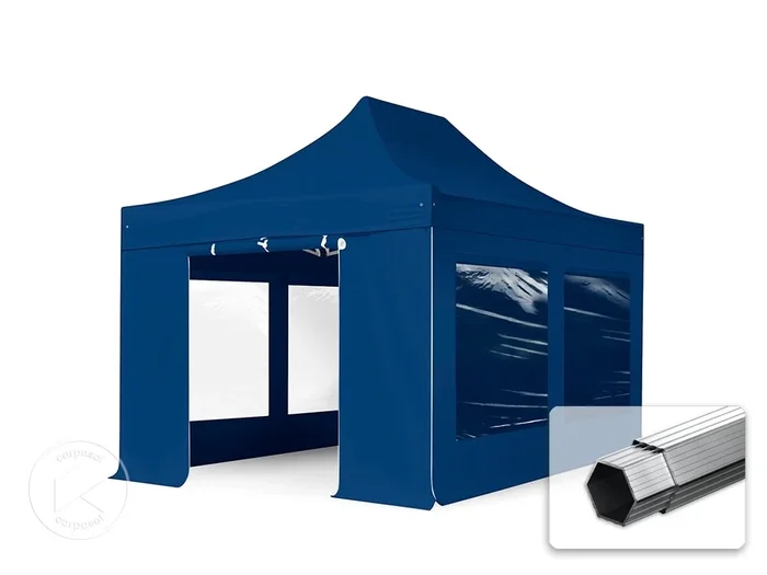 3×4,5 m Carpa plegable, PROFESSIONAL aluminio 40mm, 4 laterales incl. con ventanas panorámicas, azul