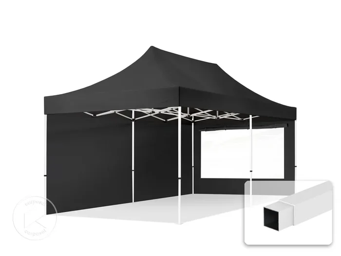 3×6 m Carpa plegable, ECONOMY acero 30mm, 2 laterales incl. con ventanas panorámicas, negro
