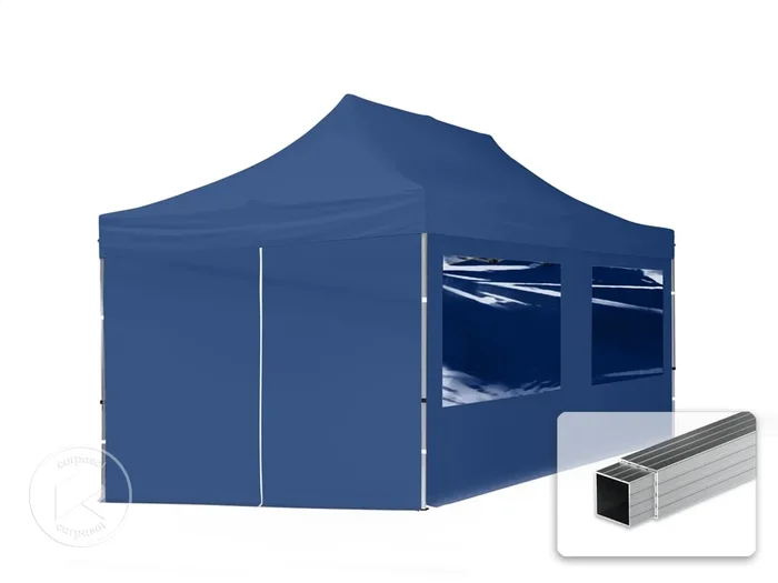 3×6 m Carpa plegable, ECONOMY aluminio 32mm, 4 laterales incl. con ventanas panorámicas, azul