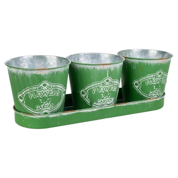 3 Cubos de metal y Bandeja verdes