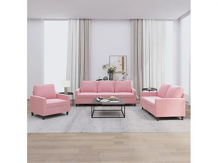 3 peças conjunto de sofás com almofadões veludo rosa