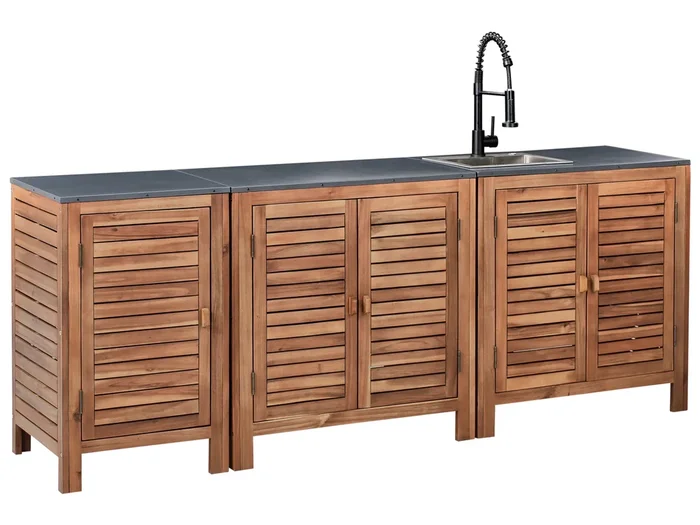 3 Piece Outdoor Kitchen Set with Sink BRUCOLI Acacia Wood 210 cm 50 cm Brown/ Black