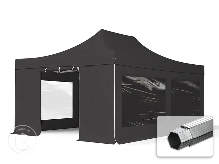 4×6 m Carpa plegable, PROFESSIONAL aluminio 50mm, 4 laterales incl. con ventanas panorámicas, negro