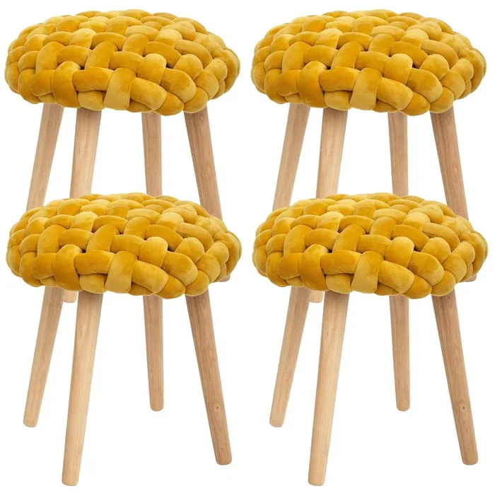 4X Taburetes De Tejido Tricotado, Dimensiones 39 x 39 x 43cm, Color Mostaza