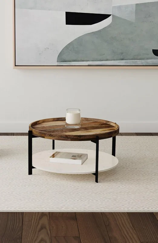 Adhvik Natural Round Wood Top Coffee Table with Marble Shelf
