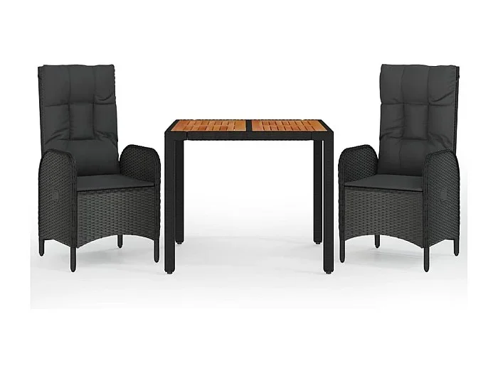 Afragola Set comedor de jardín 3 pzas con cojines ratán sintético negro