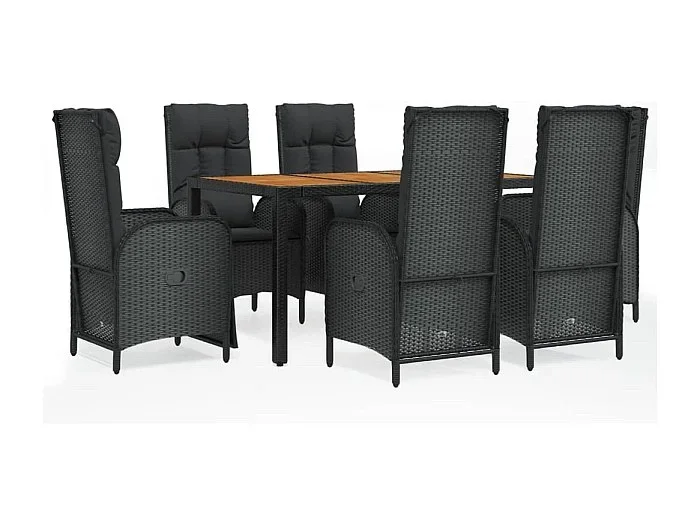 Afragola Set de comedor de jardín 7 pzas y cojines ratán sintético negro