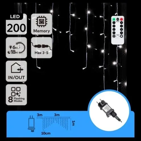 Aigostar – Cadena de luces navideñas LED para exterior 200 LED/6W/230V/8 funciones 3x1m IP44 blanco frío + mando a distancia