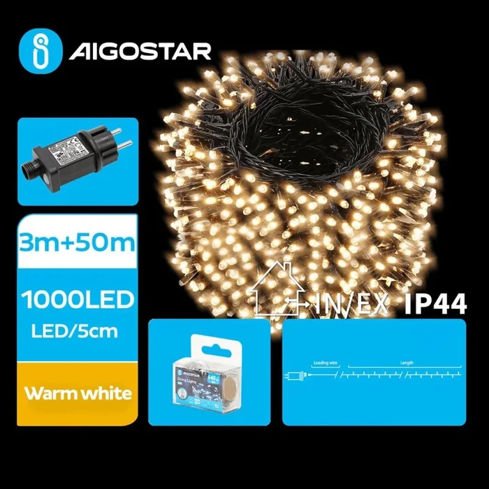 Aigostar – Cadena LED navideña exterior 1000xLED/8 funciones 53m IP44 blanco cálido