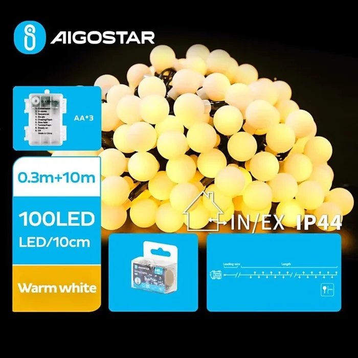 Aigostar – Cadena LED navideña exterior 100xLED/3xAA/8 funciones 10,3 m IP44 blanco cálido