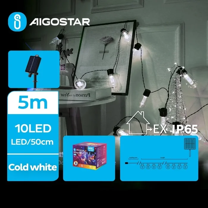 Aigostar – Cadena navideña solar LED 10xLED/8 funciones 6,5m 500 mAh IP65 blanco frío