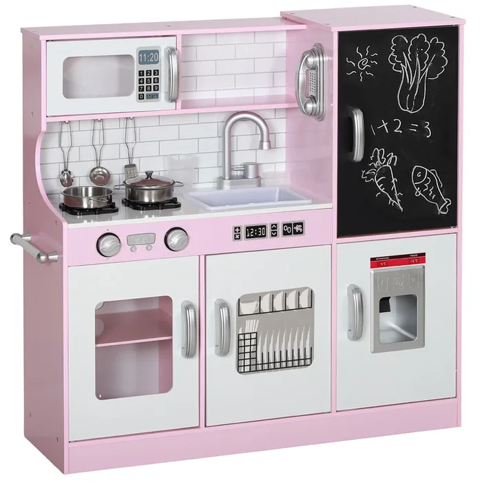 AIYAPLAY Cocina de Juguete Cocina para Niños de +3 Años Cocinita Infantil de Madera con Accesorios para Cocinar Pizarra Máquina de Hielo y Teléfono 83,8×26,8×81 cm Rosa