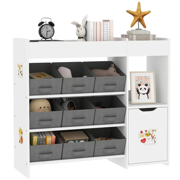 AIYAPLAY Estantería para Juguetes para Niños Organizador Infantil con 9 Cestas Extraíbles Compartimentos y Láminas de Pegatinas para Guardería Sala de Juegos 92x30x80 cm Blanco
