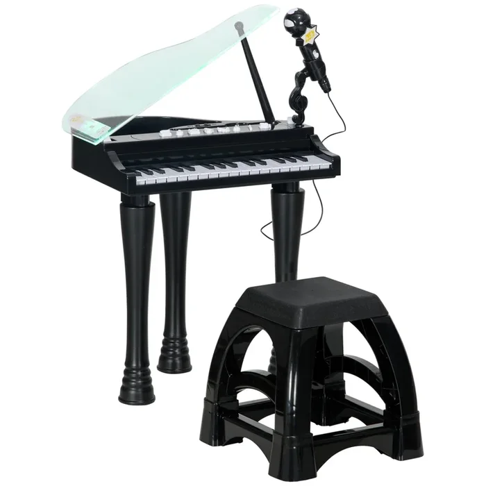 AIYAPLAY Piano Electrónico Infantil de 32 Teclas Juego de Piano con Micrófono Taburete Luces 22 Canciones 4 Sonidos Patas Desmontables y Volumen Ajustable 37×30,5×60,4 cm Negro