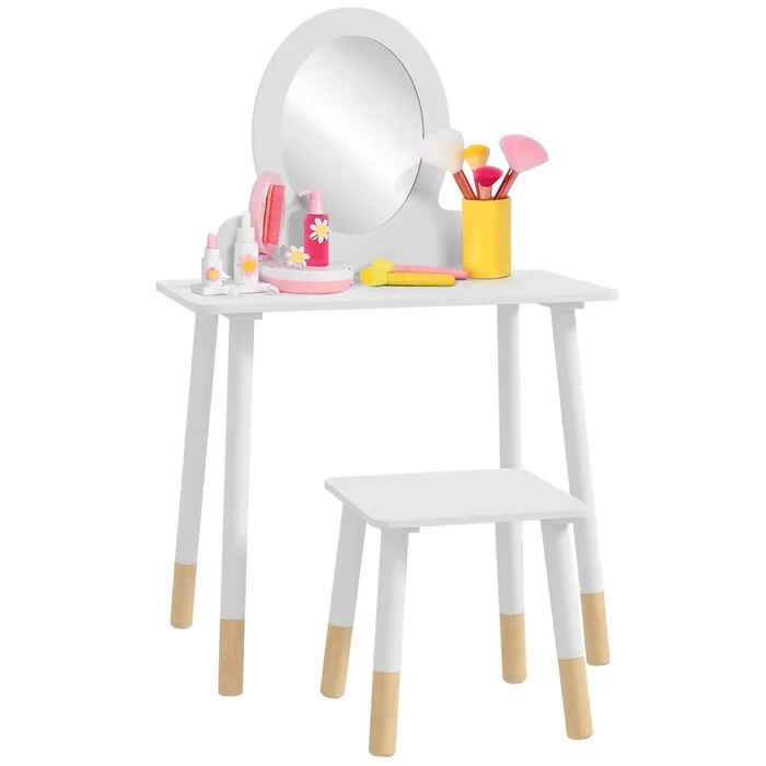 AIYAPLAY Tocador para Niñas con Taburete Tocador de Maquillaje Infantil para Niñas de +3 Años con Espejo Diseño Sencillo Blanco