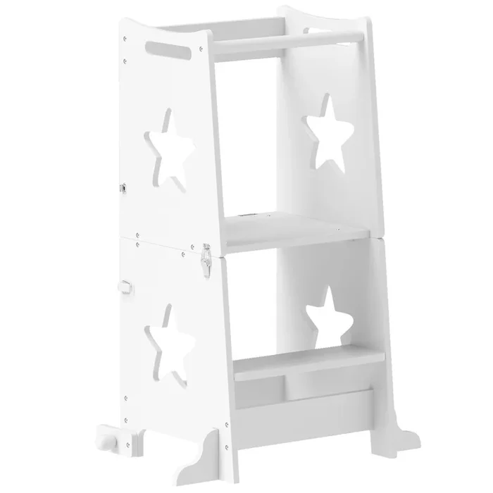 AIYAPLAY Torre de Aprendizaje 2 en 1 Taburete de Aprendizaje para Niños de +3 Años Convertible en Mesa y Silla con Barra de Seguridad 60×44,5×86 cm Blanco