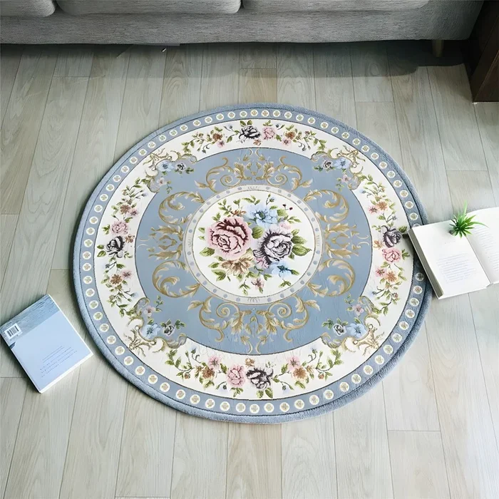 Alfombra Antideslizante de Polipropileno con Patrón de Flor Tapiz Multicolor Retro para Sala de Estar – Azul claro 90 x 90 cm
