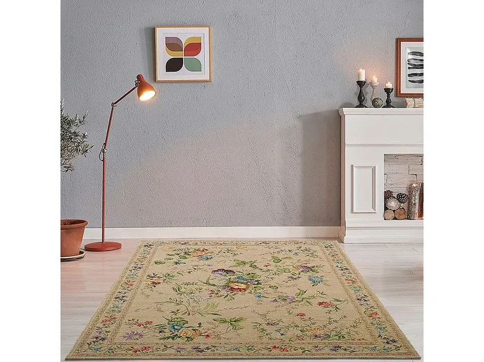 Alfombra con borde y motivos florales 80×150 cm Beige Flomi