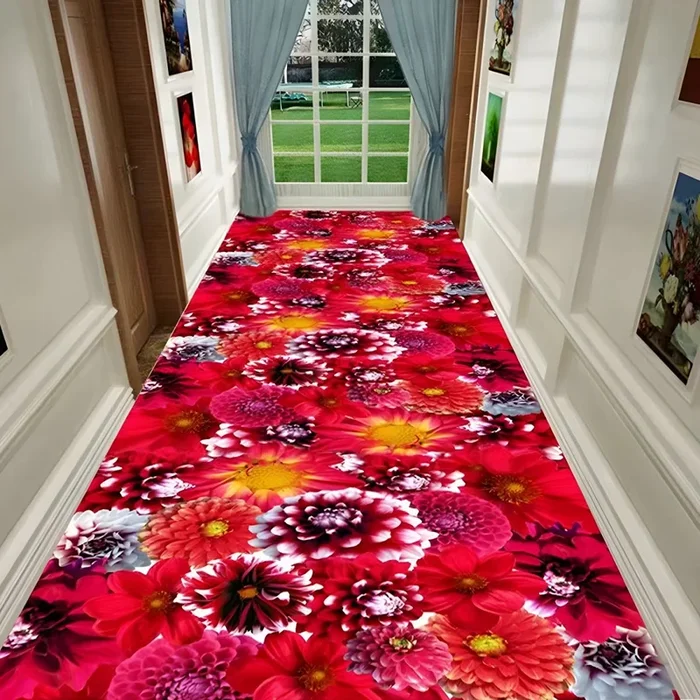 Alfombra de Área Multicolor de Fibra Sintética Tapiz Marroquí con Patrón de Flores para Pasillo, Antideslizante – Rojo 150 x 180 cm
