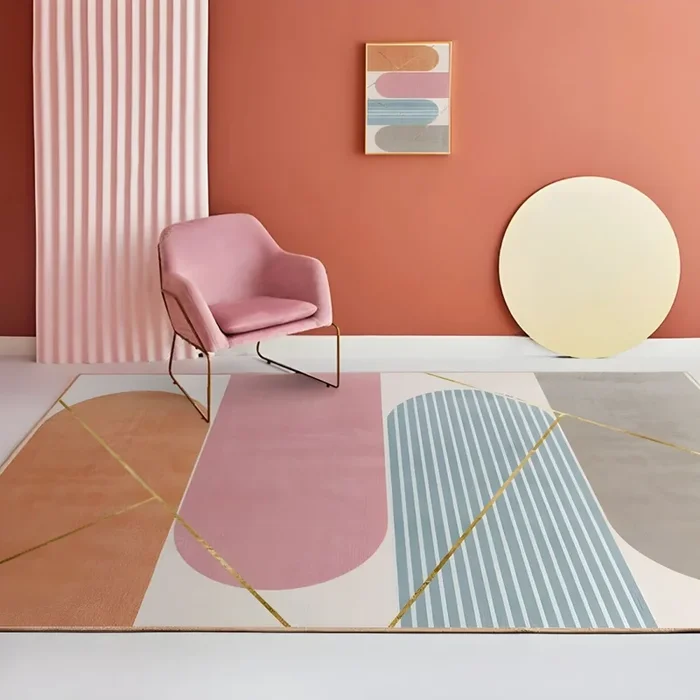 Alfombra Lavable de Polipropileno Estilo Nórdico Tapiz Multicolor con Patrón Geométrico para Sala de Estar – Rosa desnuda 80 x 120 cm