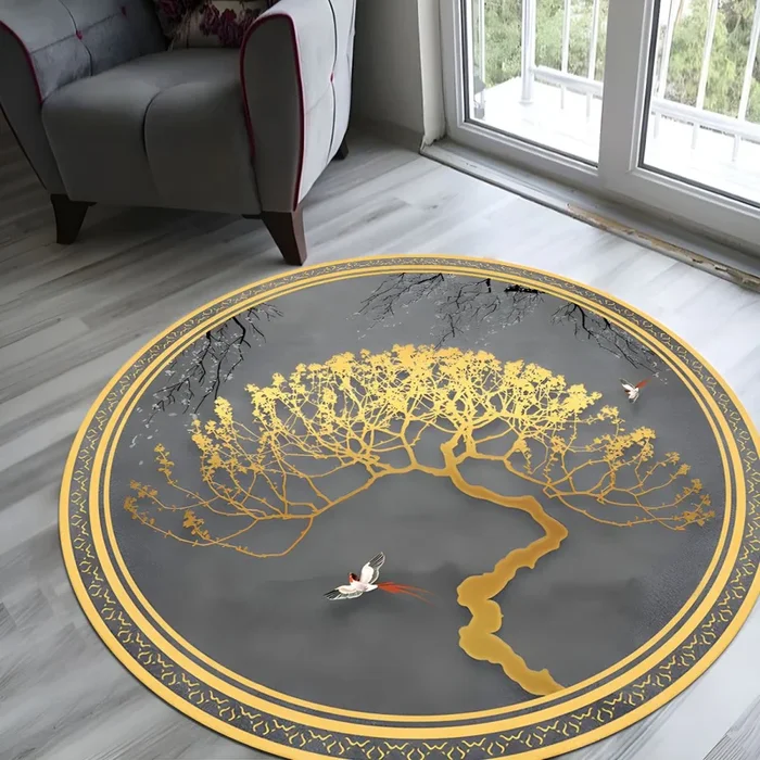 Alfombra Multicolor de Poliéster Lavable Tapiz Asiático con Patrón de Plantas para Habitación – Dorado 140 x 140 cm