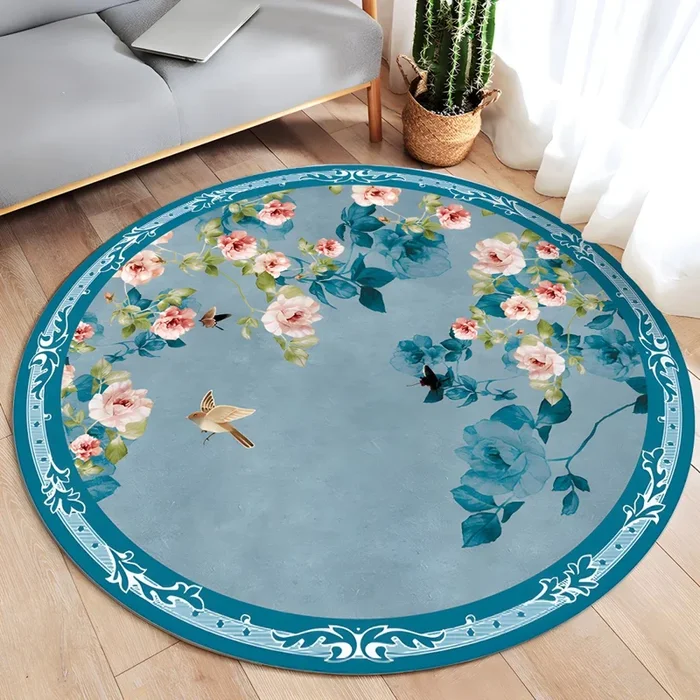 Alfombra Multicolor de Poliéster Lavable Tapiz Asiático con Patrón de Plantas para Habitación – Azul 140 x 140 cm