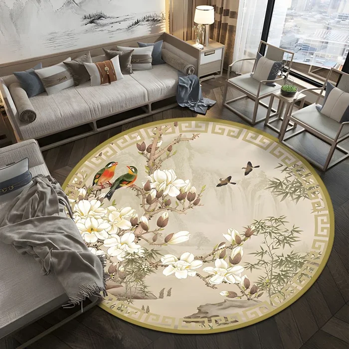 Alfombra Multicolor de Poliéster Lavable Tapiz Asiático con Patrón de Plantas para Habitación – Beige 200 x 200 cm