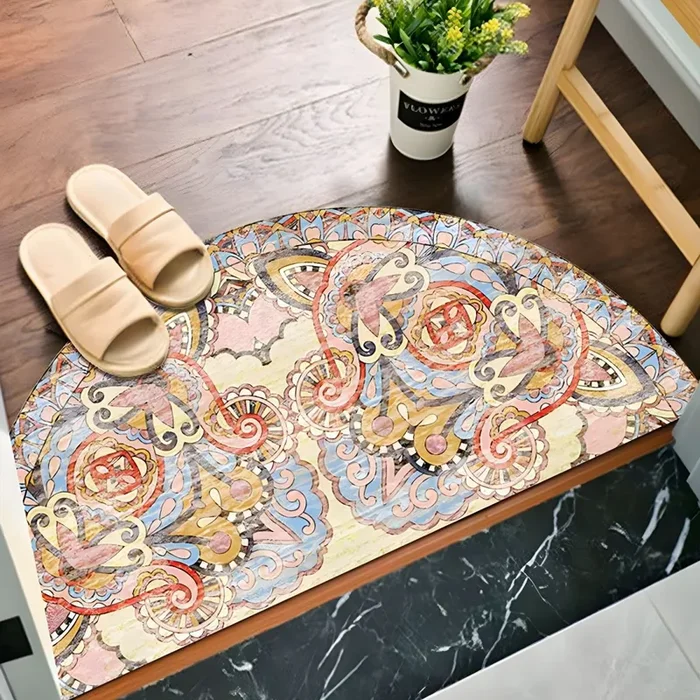 Alfombra Semicircular de Polipropileno Antideslizante Estilo Marroquí Tapiz Multicolor con Patrón Floral para Entrada – Amarillo 60 x 120 cm