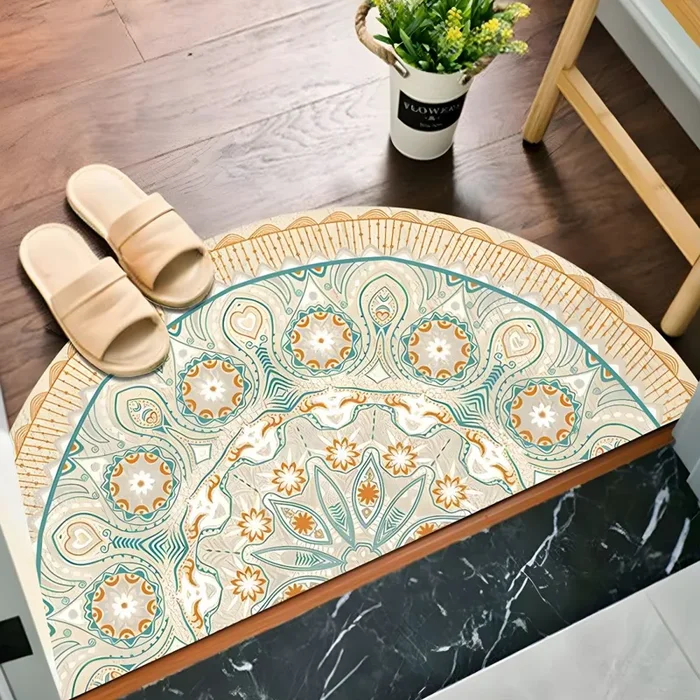 Alfombra Semicircular de Polipropileno Antideslizante Estilo Marroquí Tapiz Multicolor con Patrón Floral para Entrada – Azul celeste 45 x 90 cm