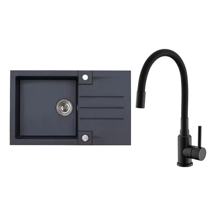 ALVEUS SETA23201 – Fregadero de cocina ROCK 78×48 cm + grifo para fregadero con caño flexible MINTAS 34 cm granito/negro mate