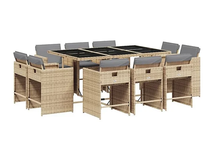 An Daingean Set comedor de jardín 11 pzas con cojines ratán sintético beige