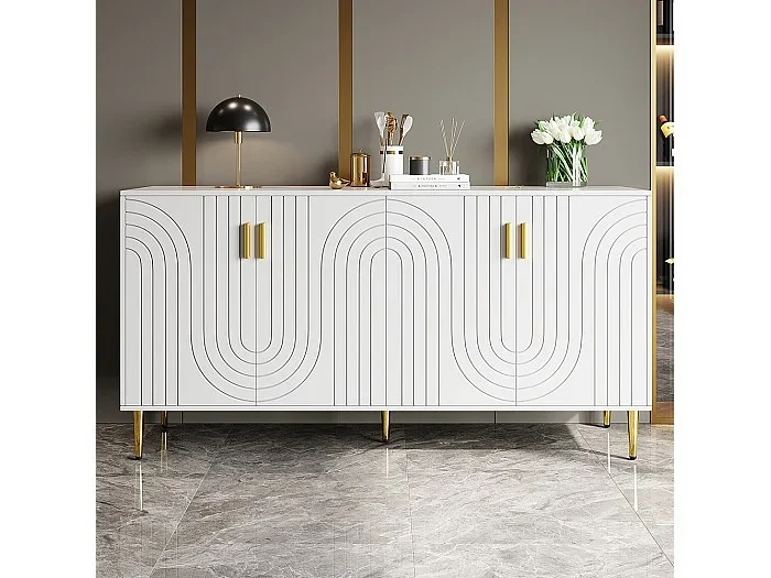 Aparador blanco (152 x 40 x 75 cm) con diseño ondulado único, manijas doradas y piernas