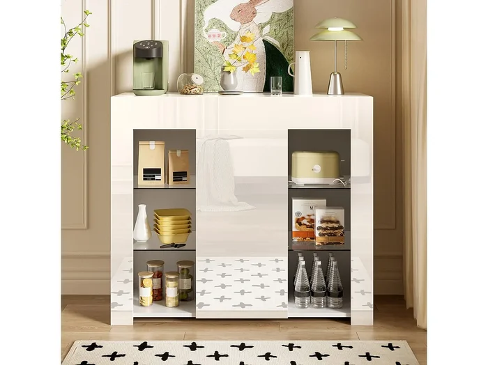 Aparador blanco con 1 puerta y 4 estantes de cristal, tablero de partículas 95x35x83 cm