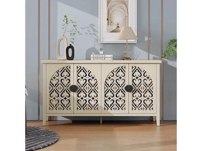 Aparador de 4 puertas en madera natural con paneles tallados y almacenaje regulable para salón y comedor, 147 cm