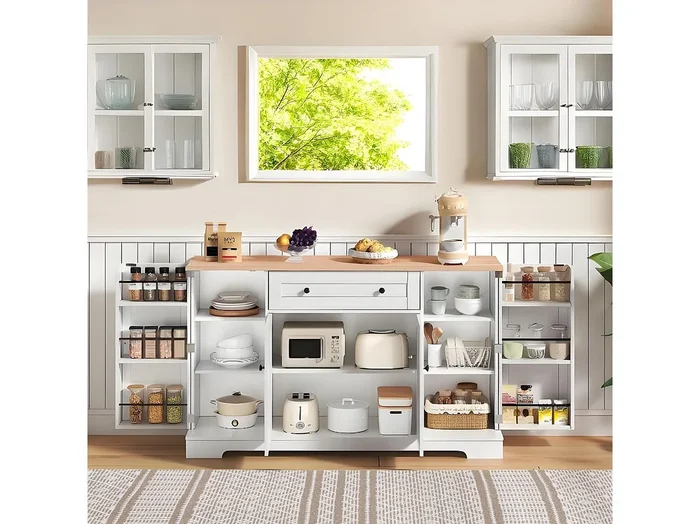 Aparador de cocina 138x40x85cm con 4 puertas y 1 cajón, tapa imitación madera natural, cuerpo blanco