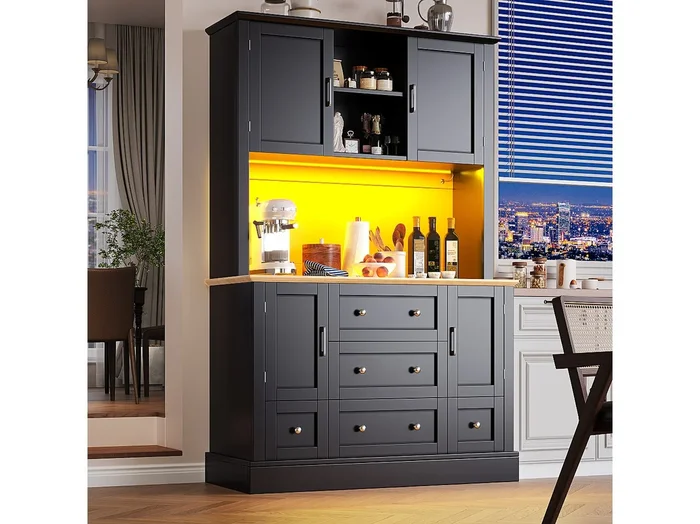 Aparador de cocina de alta calidad – 115 x 40 x 180 cm – con LED + 3 cajones + 4 puertas – MDF – negro