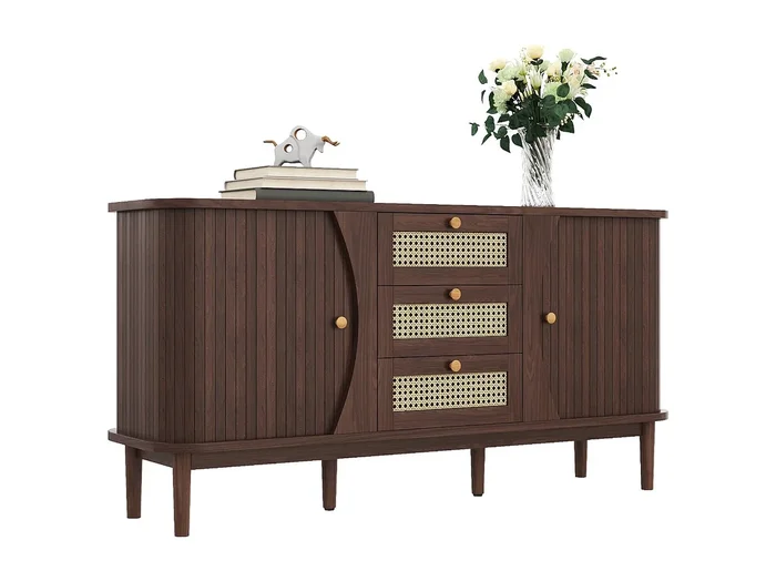 Aparador de madera y ratán con puertas correderas 140x40x76 cm mueble almacenaje salón comedor