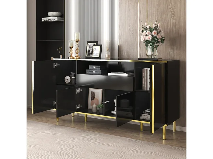 Aparador de MDF lacado en negro con 1 cajón, iluminación LED, dormitorio, salón, almacenaje, 150 x 40 x 80 cm