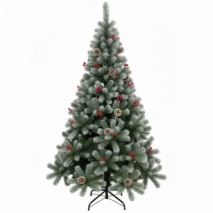 Arbol de Navidad Pino Nevado 210cm con Adorno de Piña Frutos Rojos y Nieve