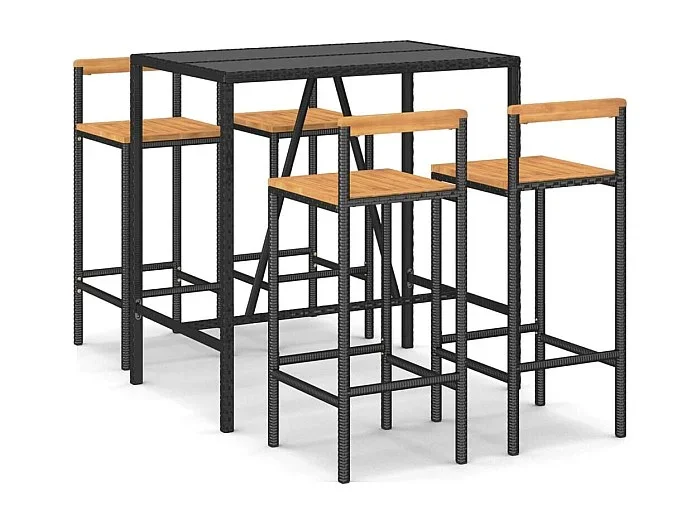Arcata Mesa bar y taburetes jardín 5 pzas madera acacia ratán PE negro