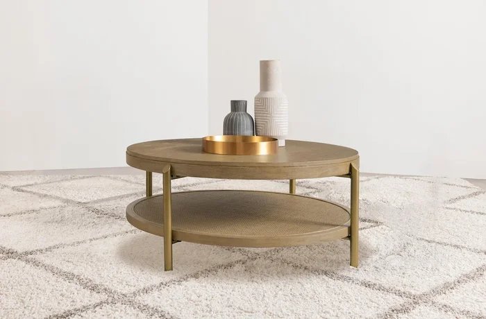 Arini Sand Wash Round Coffee Table With Storage Shelf